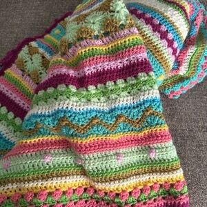 Crochet Afghan Blanket 52”x60” Boho Stripey Handmade